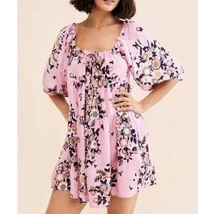 KINGA CSILLA Lennon Liberty Puff Sleeve Mini Dress, Pink Multi, M